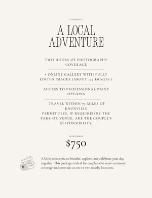 A minimalist wedding photography package pricing layout with elegant typography displays service details and cost.