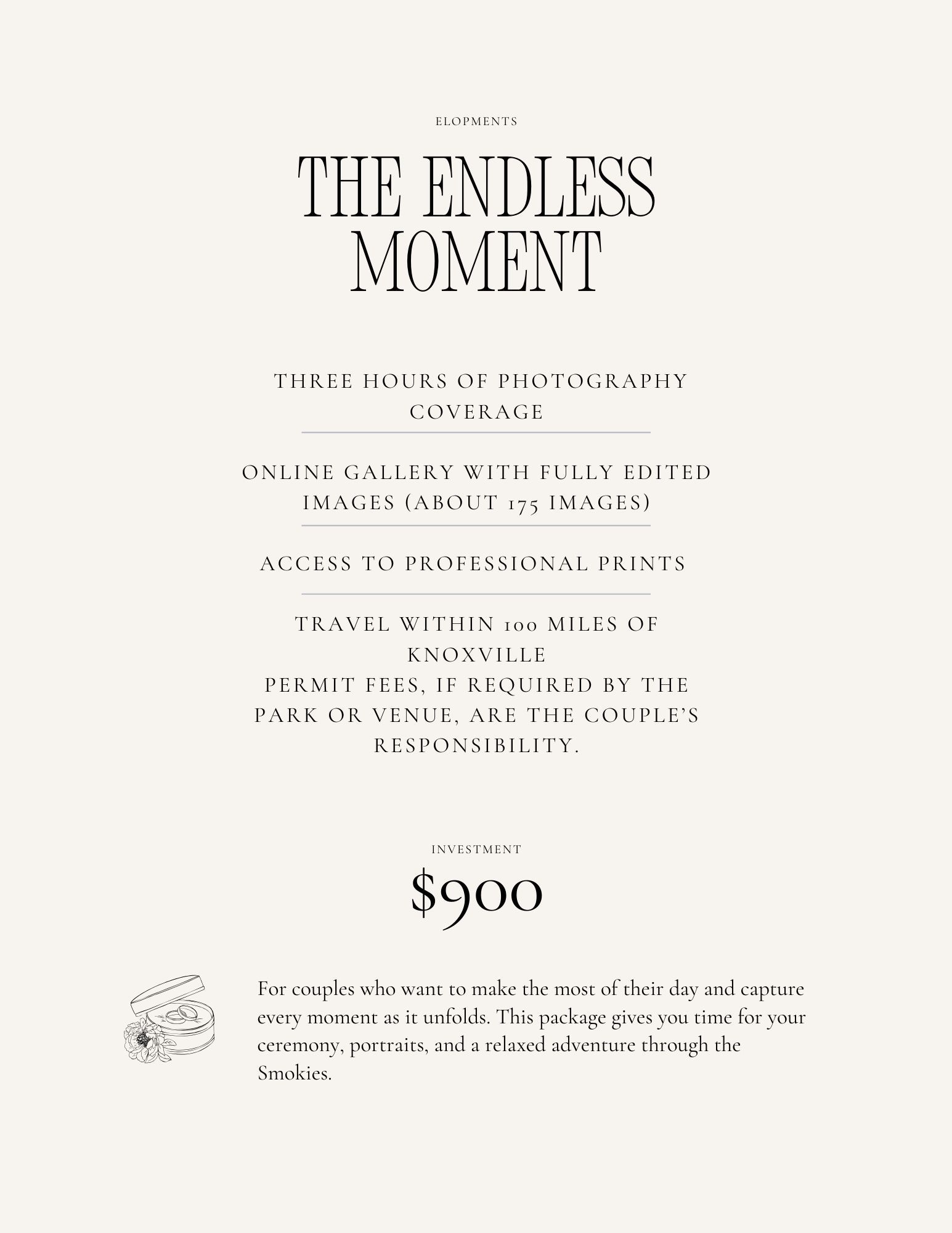 Wedding photography pricing page showing package details and $900 cost for three hours of coverage.