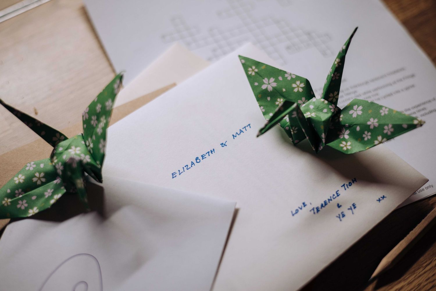 A series of green and white origami paper cranes arranged in a line on a white surface.