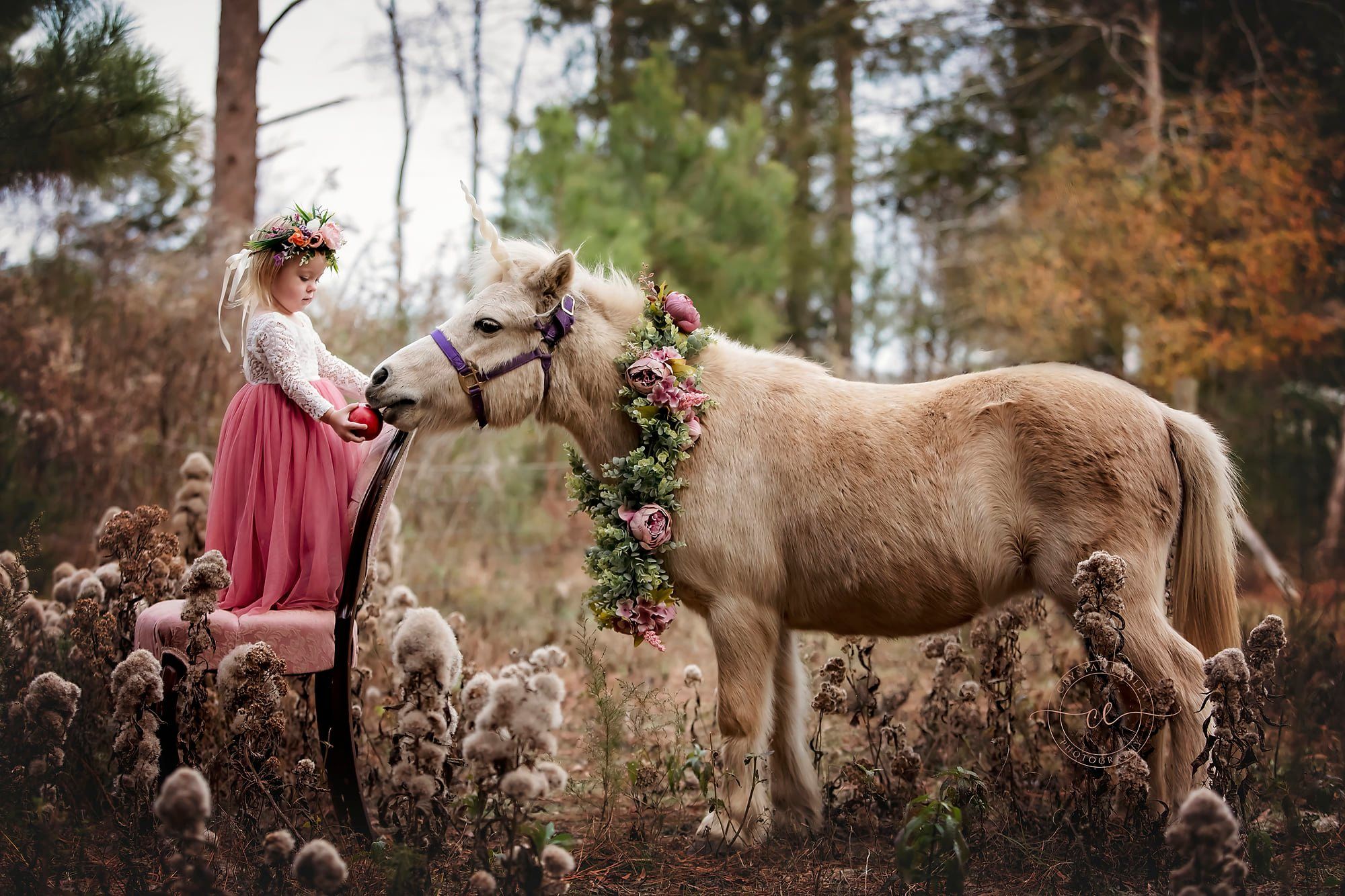 A dreamy portrait of a palomino horse adorned with floral garlands in an autumn forest setting.