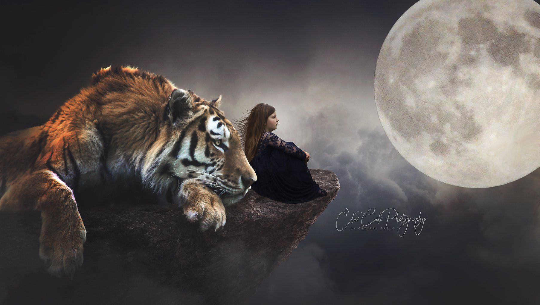 Series of artistic photographs featuring tigers against a dramatic full moon backdrop.