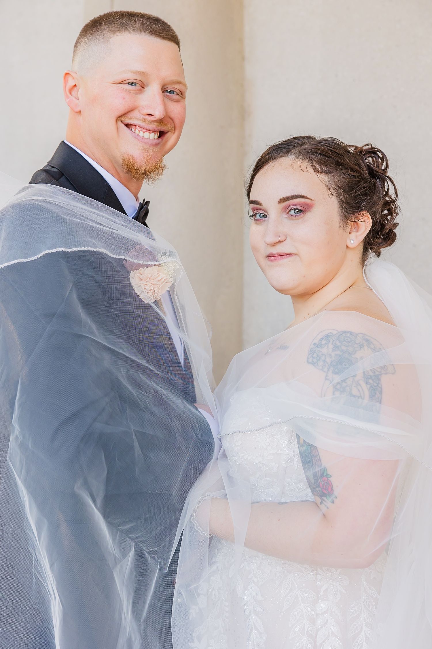 A romantic wedding portrait sequence shows a couple in formal attire sharing intimate moments against a neutral backdrop.