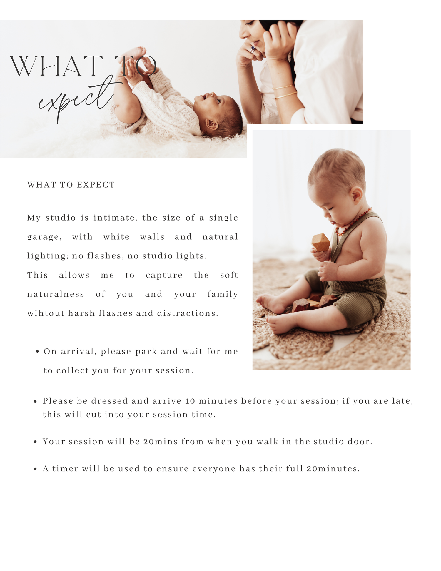 Professional photography studio welcome guide template with neutral tones and text explaining session expectations.