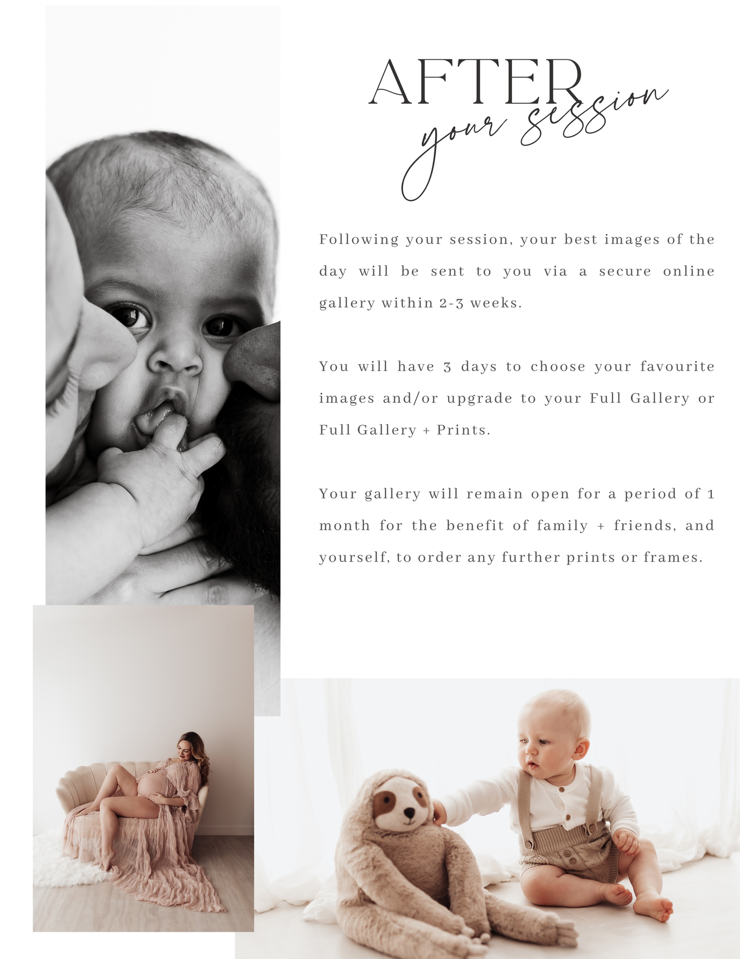 Minimalist photography session information card with black and white baby photos and soft beige tones.