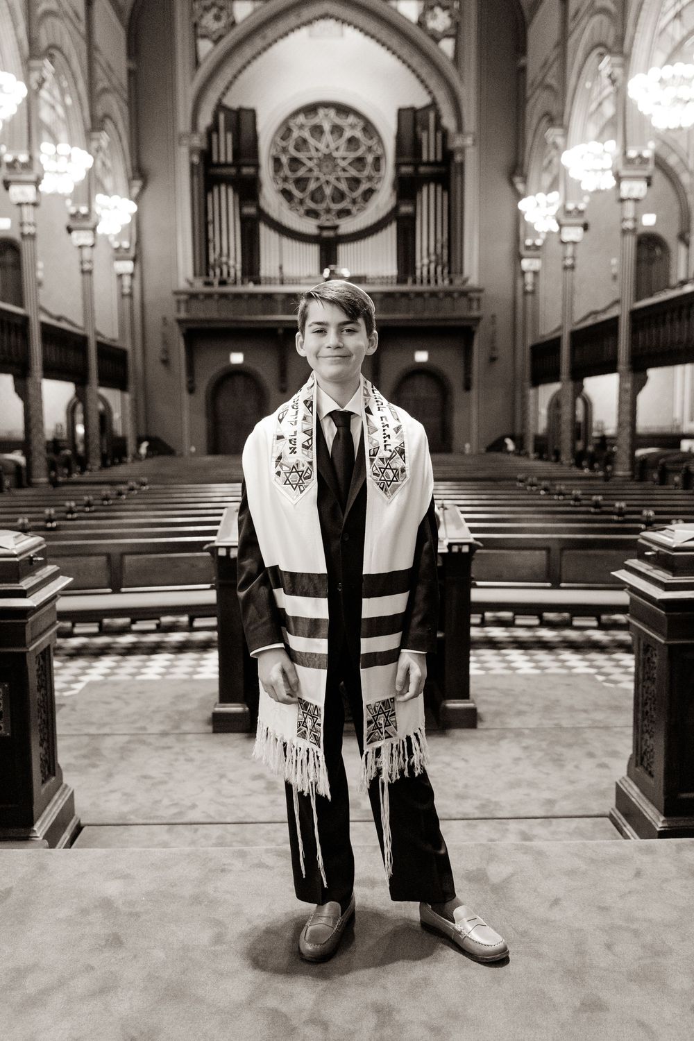 Black and white panoramic photo series showing a figure standing in the center aisle of an ornate church sanctuary.