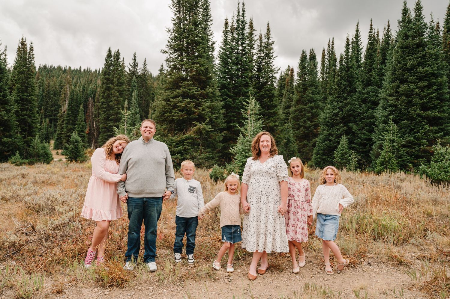 A group enjoying a scenic mountain landscape with evergreen trees and cloudy skies in the background.