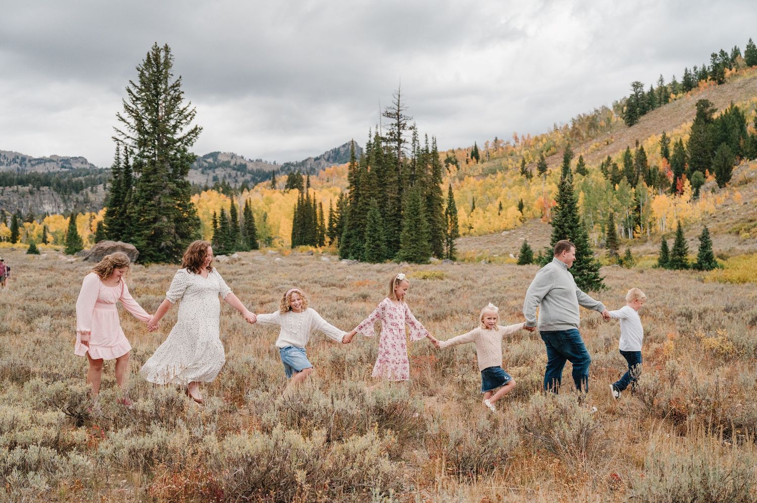 A series of panoramic shots showing a group walking through golden autumn meadows with mountains and evergreens in the distance.