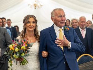 A series of candid wedding moments showing joyful interactions between guests and the newlyweds at an outdoor celebration.