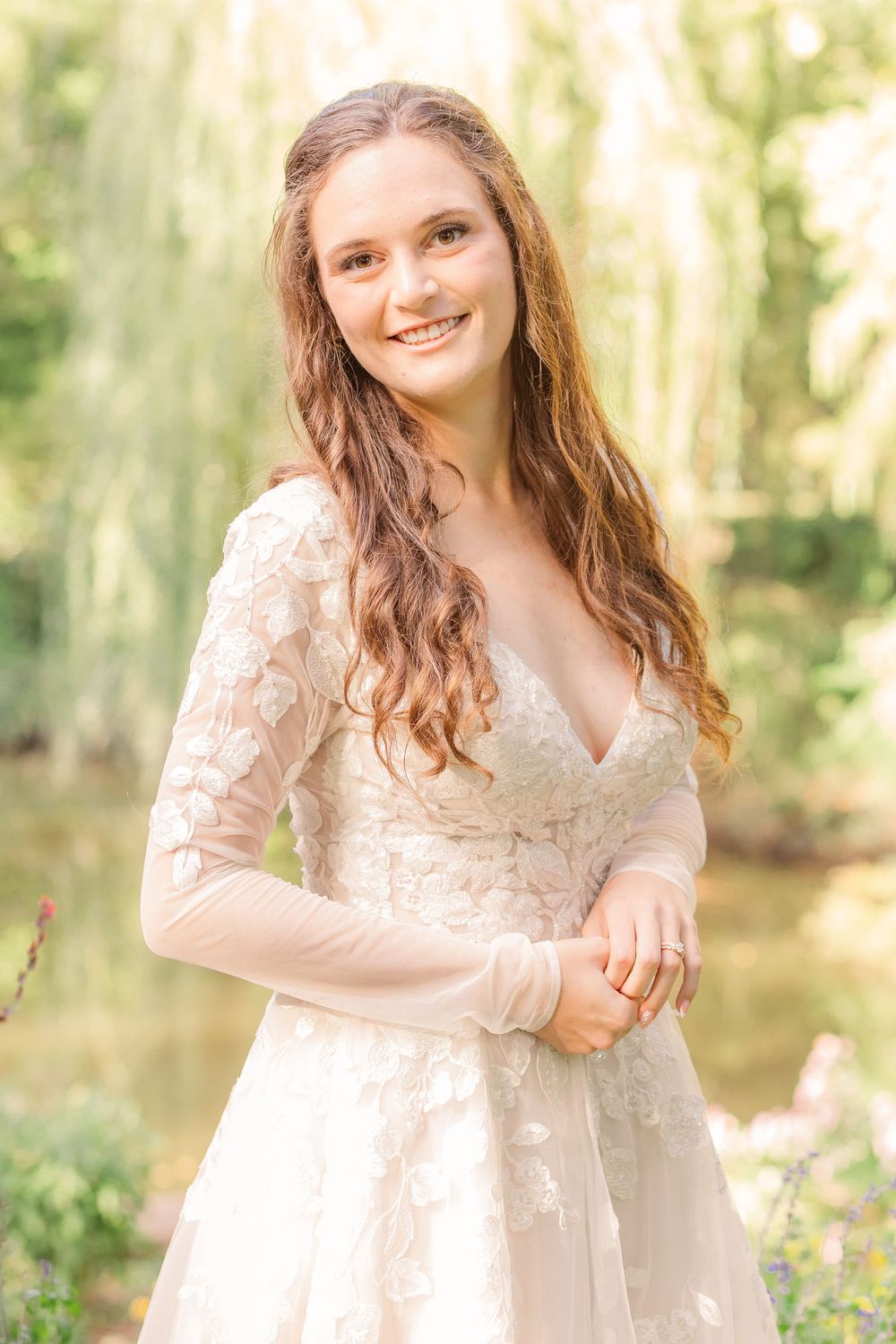 Soft bridal portrait in the gardens at Bartlett Arboretum during a morning anniversary session.