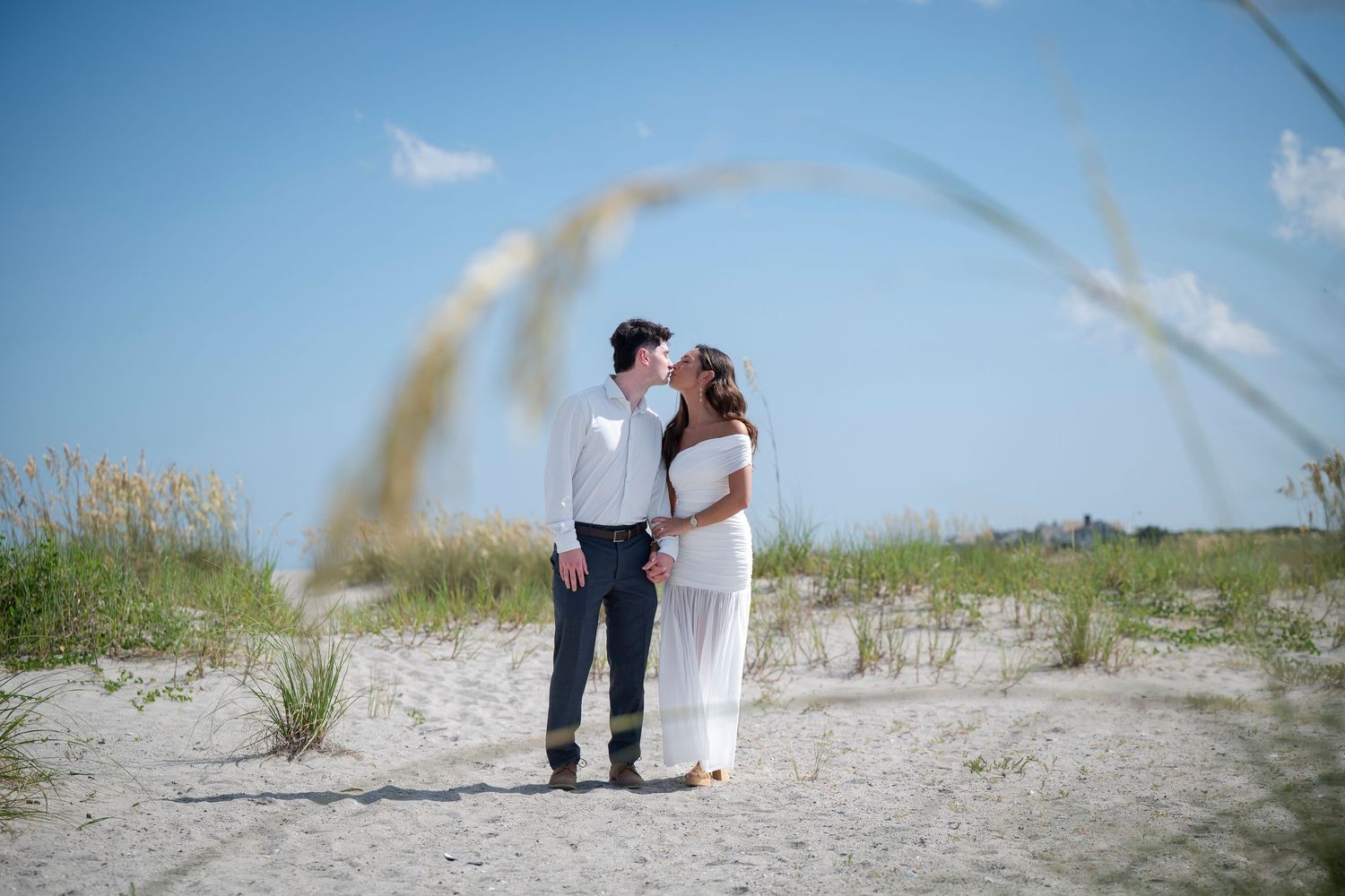 A romantic series of wedding photos showing close-up moments between a bride and groom outdoors.
