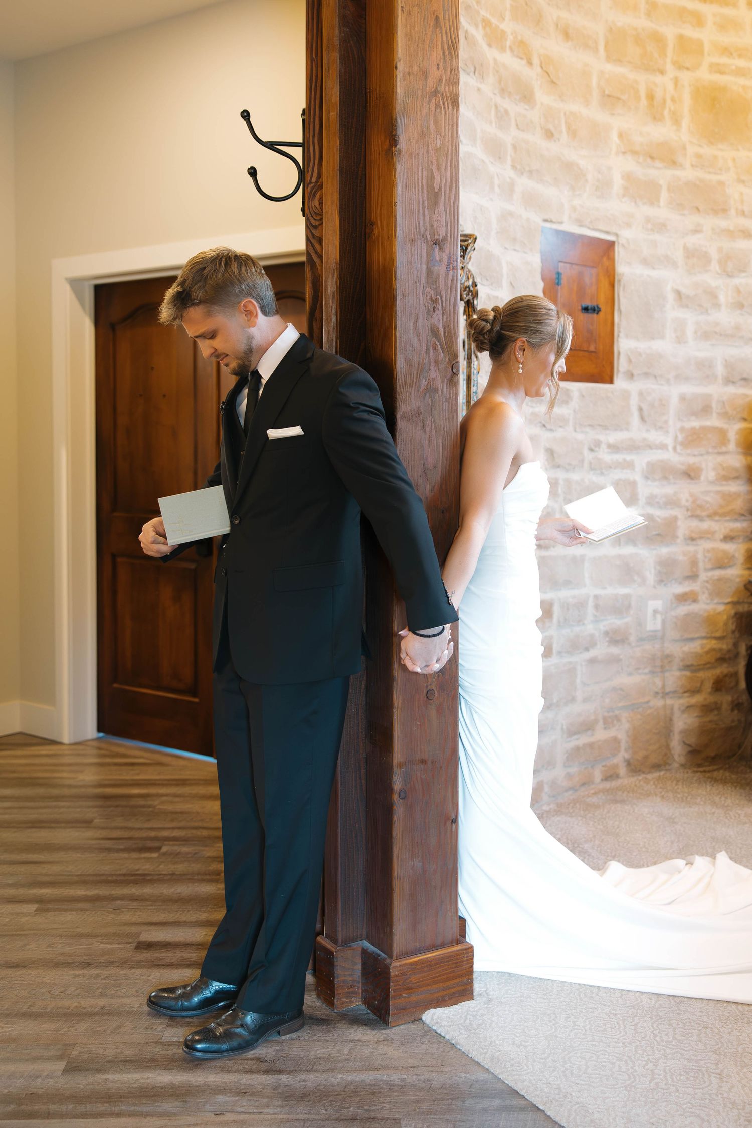Series of photos showing a first look moment between bride and groom around a wooden door corner.