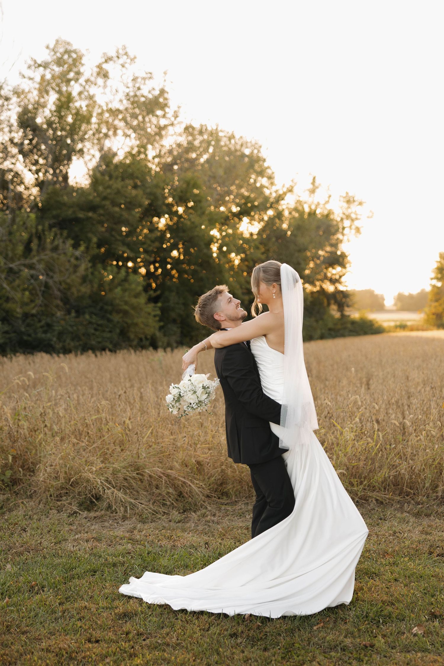 A romantic wedding photo sequence shows a dramatic dip pose in a golden field at sunset.
