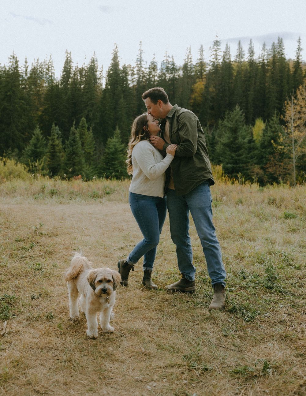 A couple shares a romantic moment in a grassy field with evergreen trees and their small fluffy dog nearby.