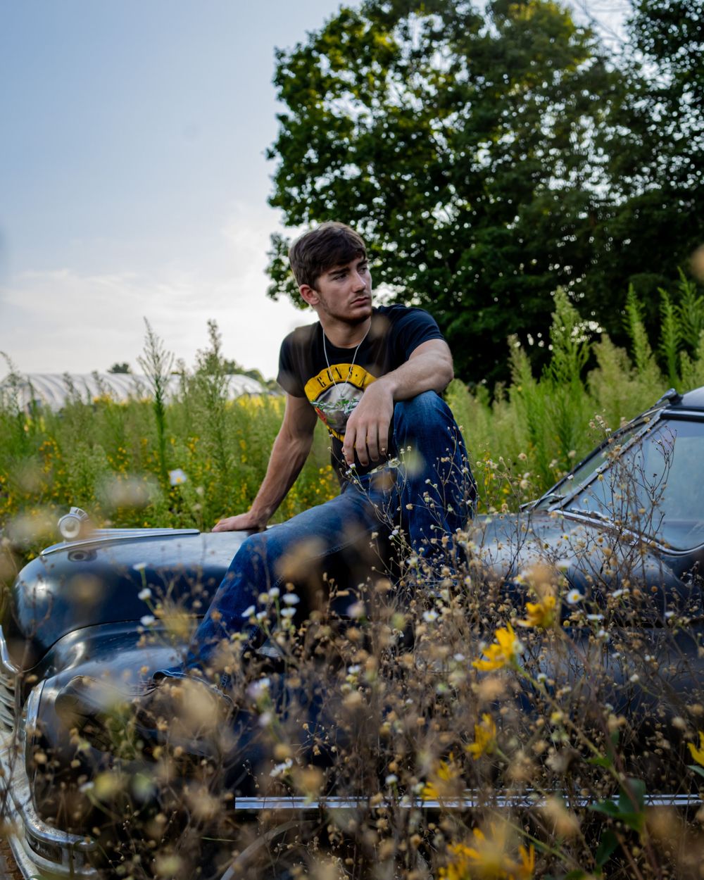 Someone sits casually on a vintage car surrounded by wildflowers and tall grass on a summer day.