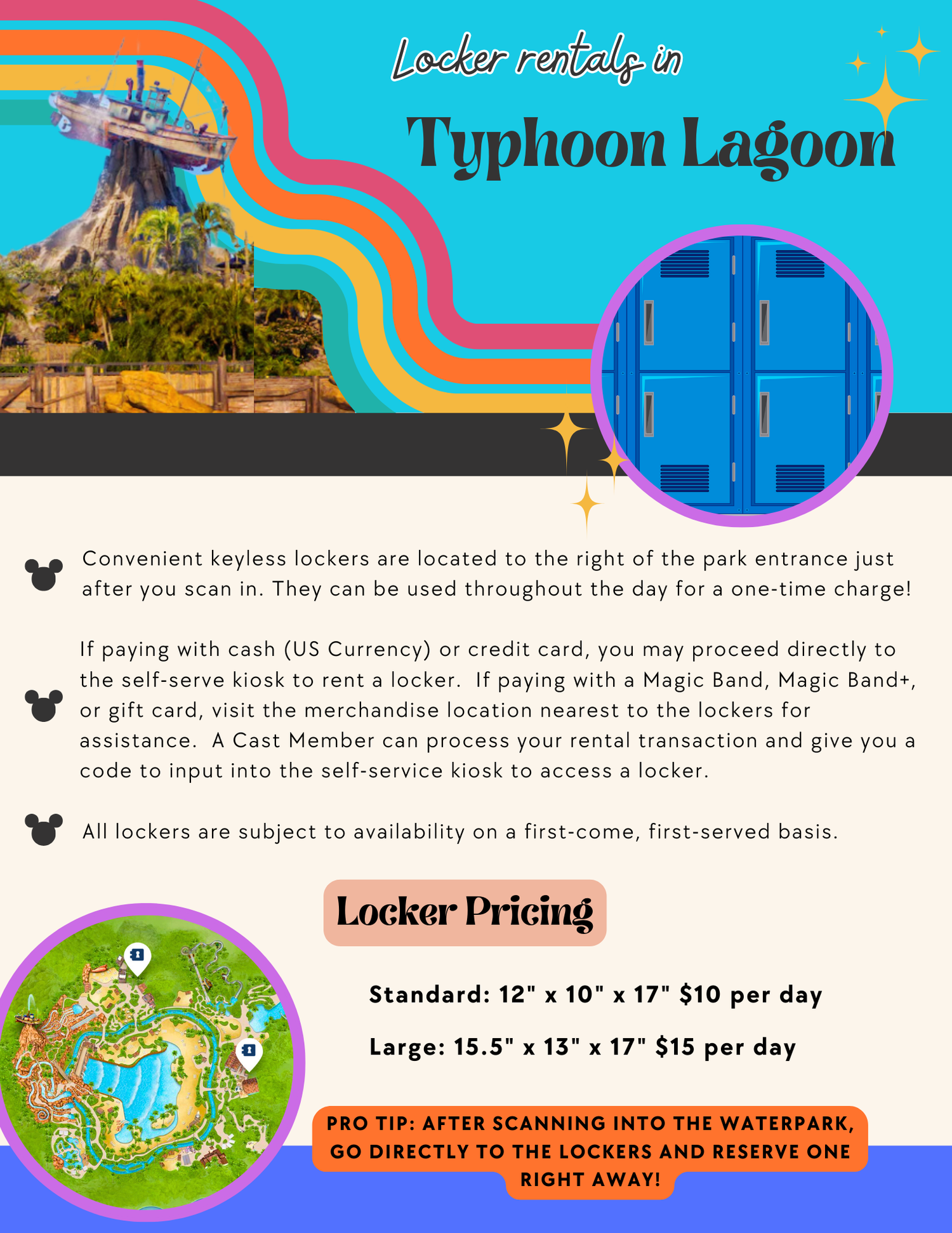 Colorful information graphic showing locker rental details and pricing for Typhoon Lagoon waterpark with retro-style wavy stripes.