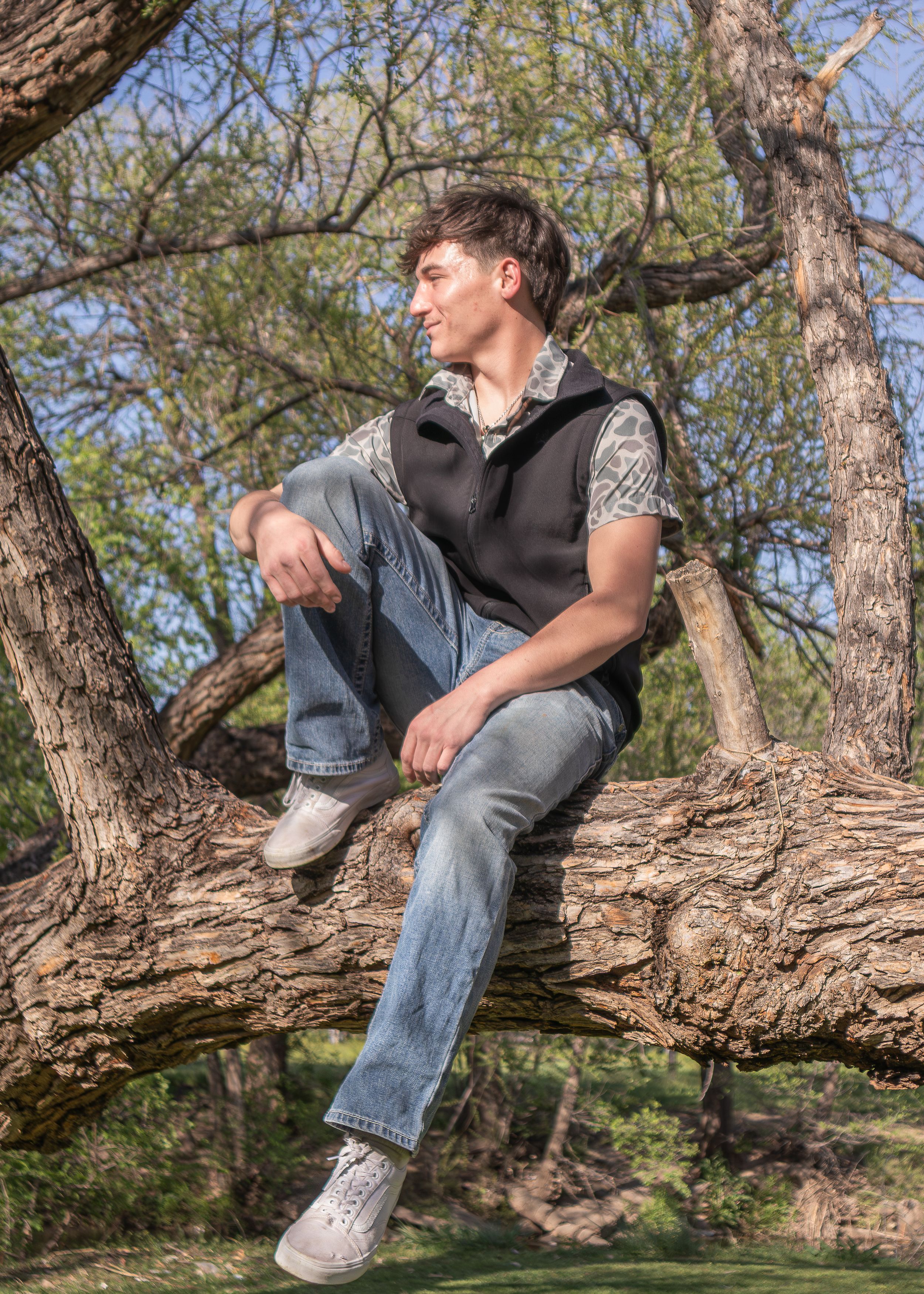 Casual portrait of person sitting on tree branch wearing vest and jeans in park setting.