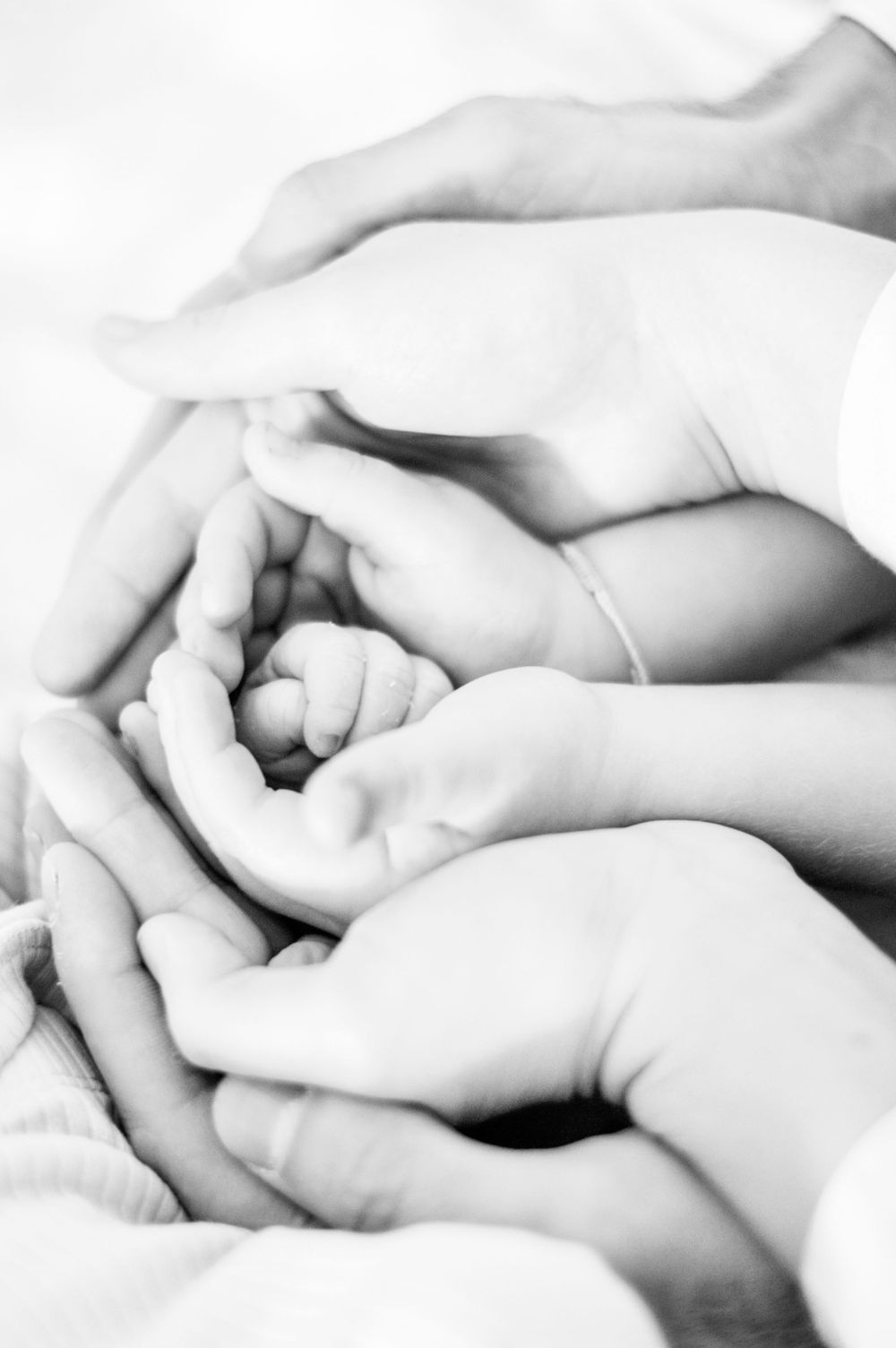 Schwarz-Weiß-Nahaufnahme von winzigen Babyhänden, die sanft in den Händen der Eltern und der Schwester gehalten werden.