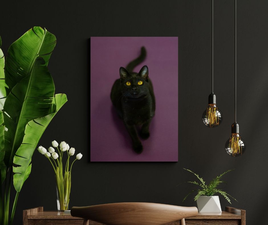 Black cat portrait on purple canvas displayed in modern room with tropical plants.