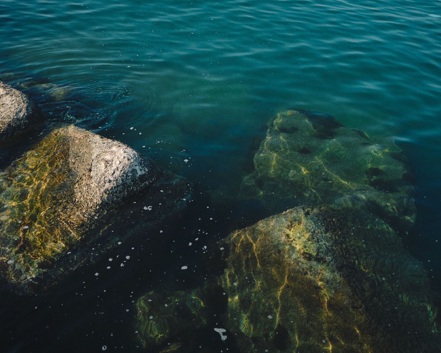 Clear turquoise ocean water meets large mossy rocks along a rocky coastline under bright sunlight.