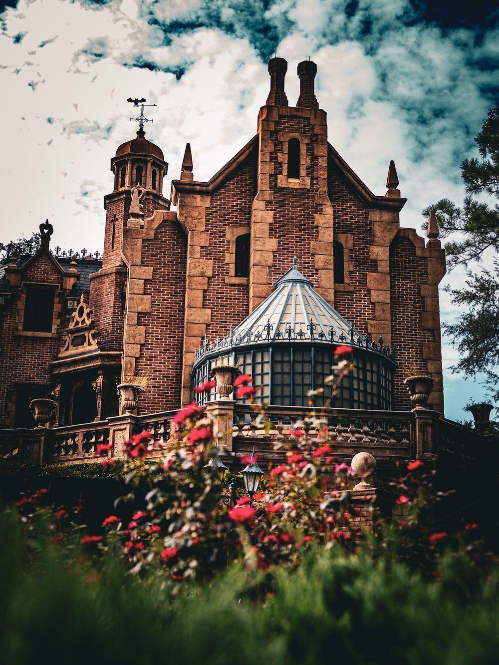 Gothic architecture of Haunted Mansion attraction with pink roses in foreground.