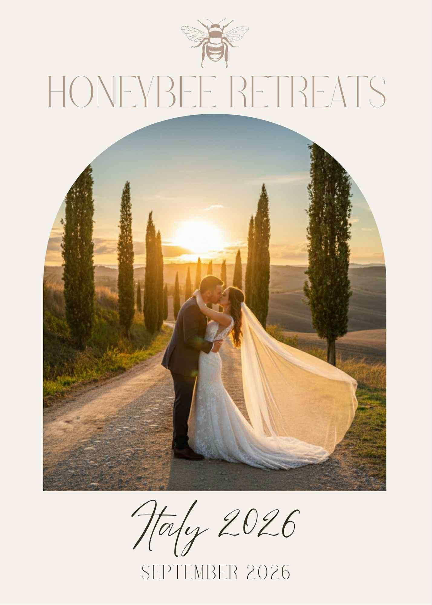 A romantic sunset silhouette against cypress trees in Tuscany with Honeybee Retreats Italy 2026 wedding branding.