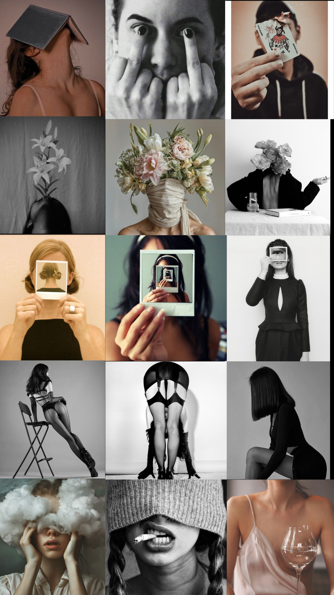 A collage of moody black and white artistic photographs showing fragments of bodies, hands, and silhouettes in dramatic poses.