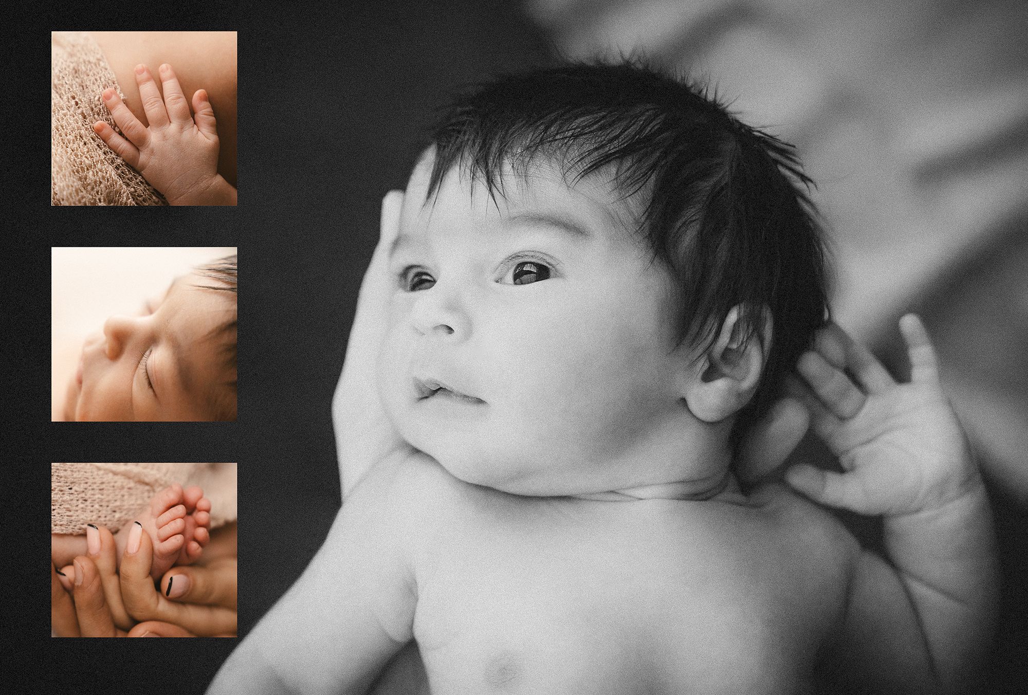 A black and white portrait of a baby looking upward with three small detail shots of hands shown in sepia tones.