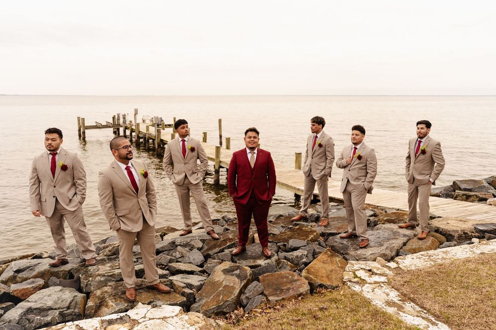 groomsmen Waterfront ceremony at Maryland wedding venue – Kurtz’s Beach