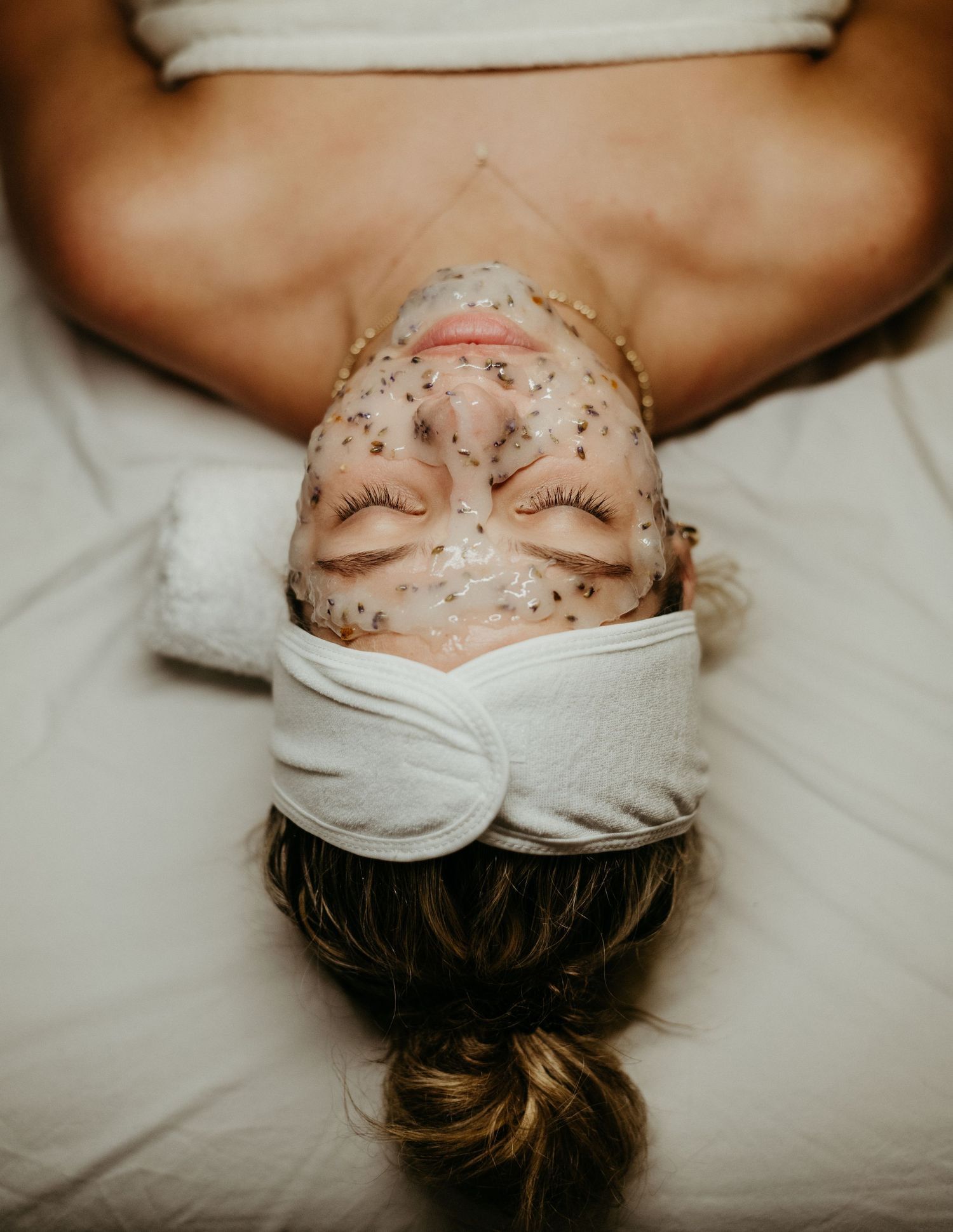 Spa client receiving a facial mask treatment for NYC wellness branding photography