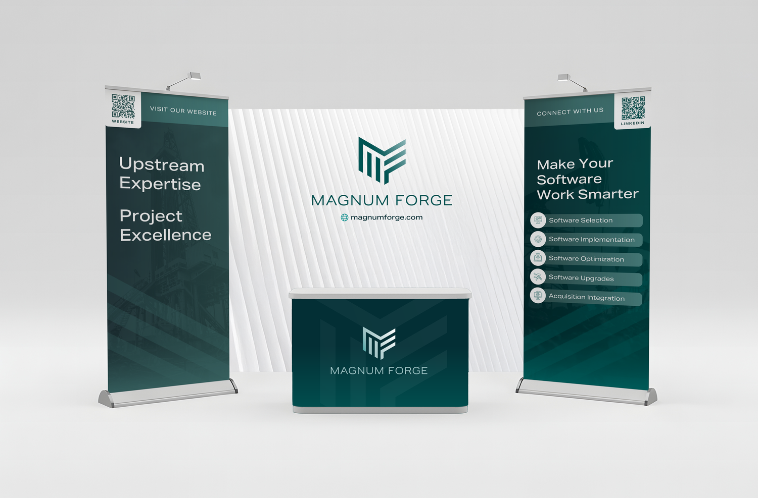 Trade show display booth setup with green banners and branded podium for Magnate Force.