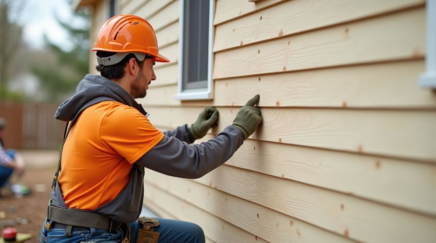 Construction worker in orange safety vest installing beige vinyl siding on residential home exterior.