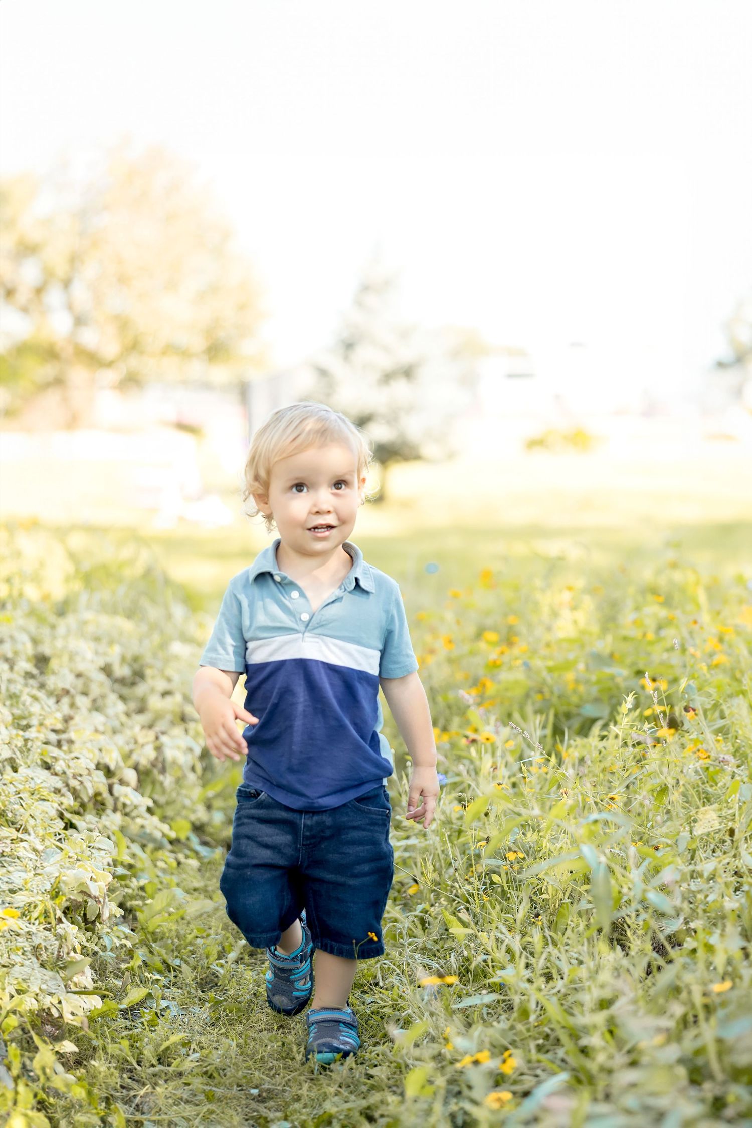 Young child playing and running through a sunny meadow filled with wildflowers.