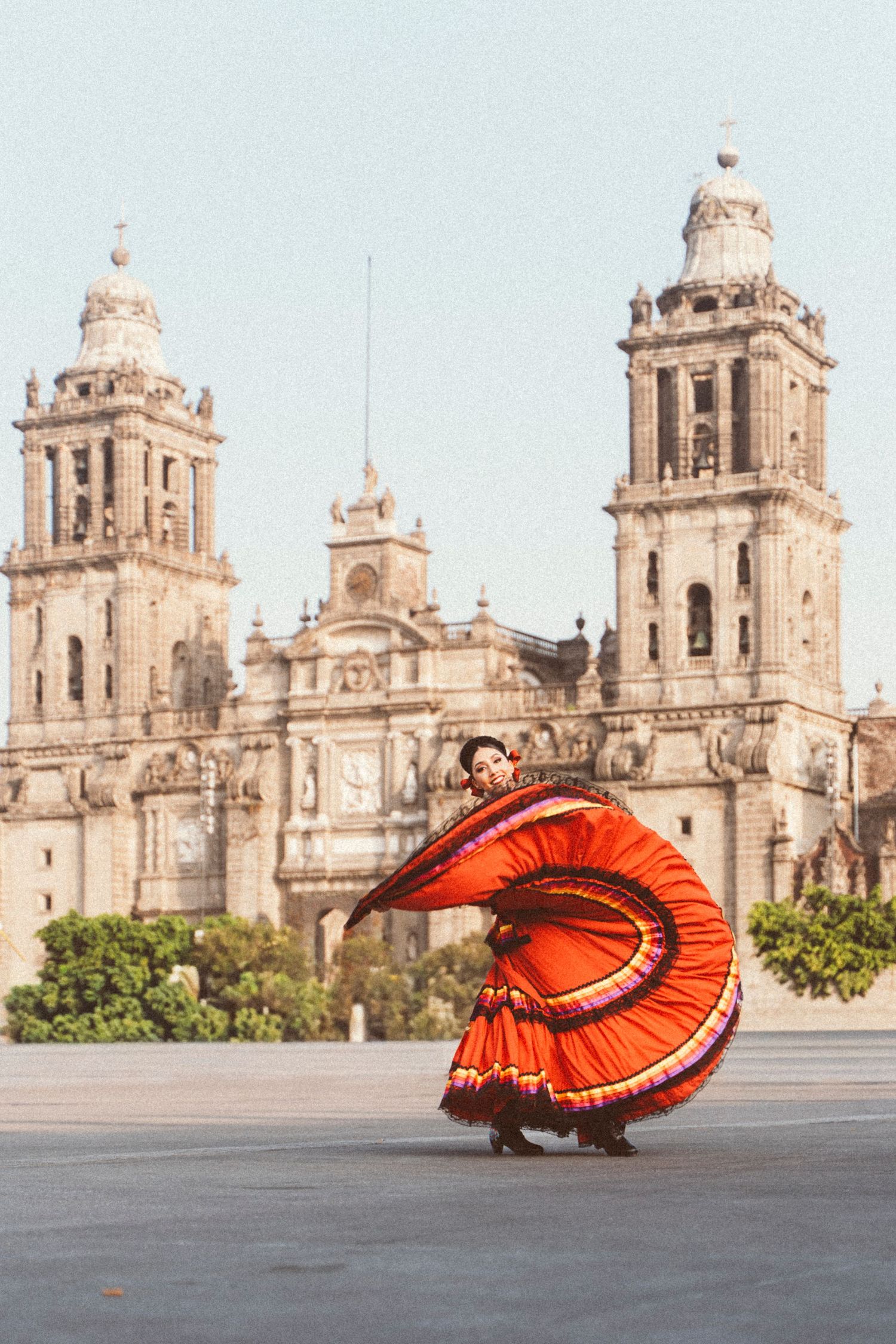Professional dance photography of Ballet Folklórico outside the Mexico City Metropolitan Cathedral plaza