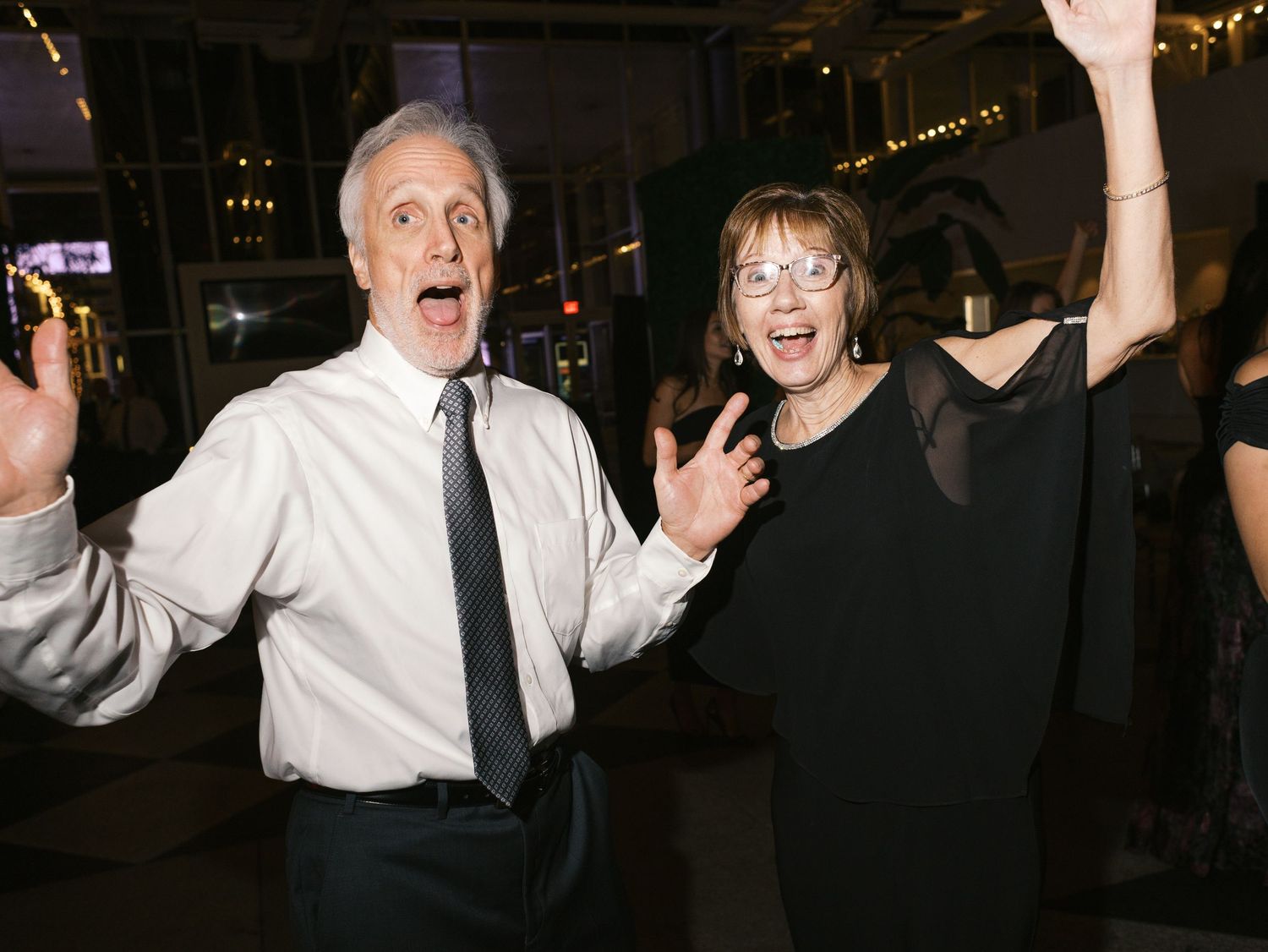 Four sequential photos show people dancing and celebrating at what appears to be a festive party or reception.