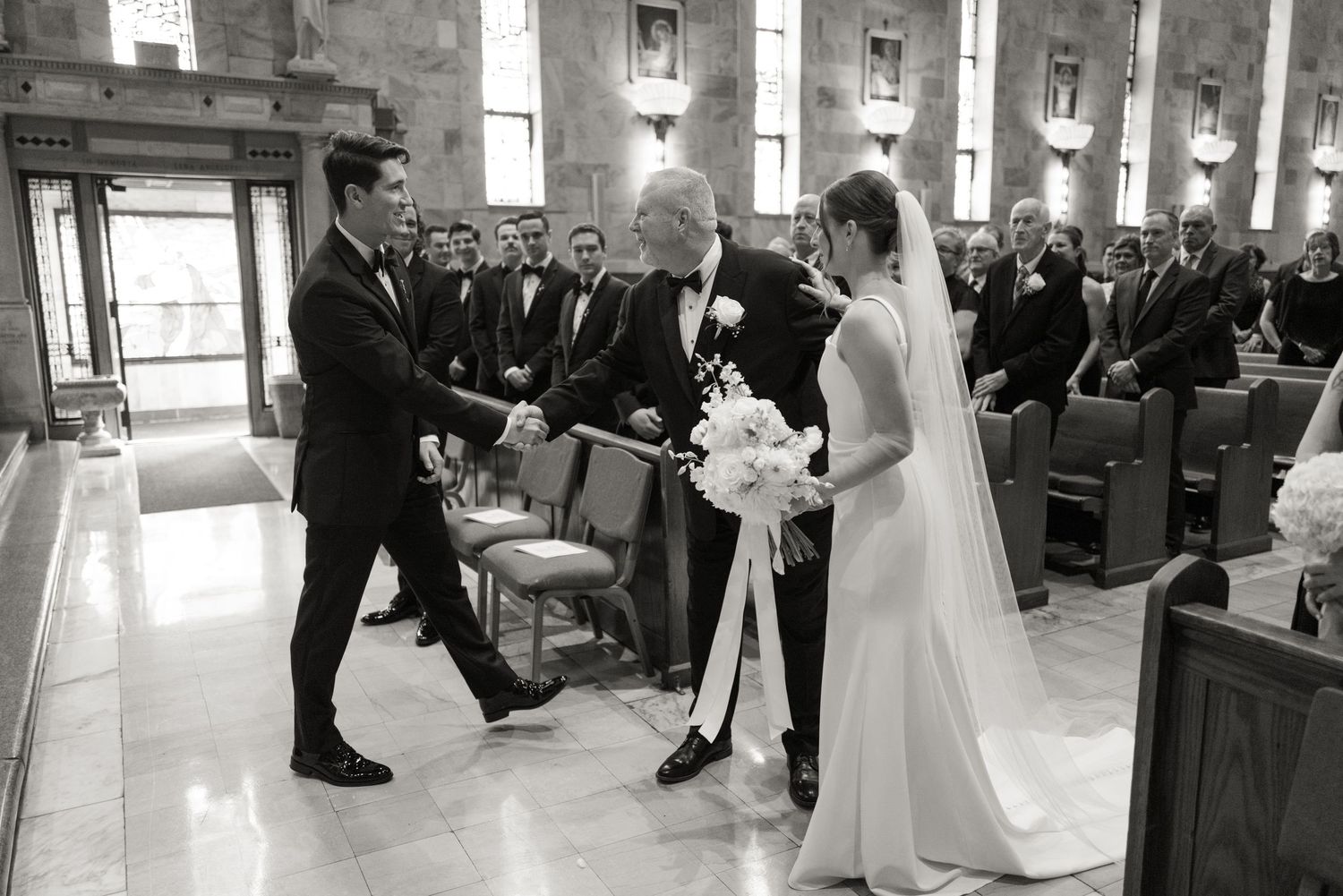 Sequence of wedding processional photos showing bride and escort walking through church interior.