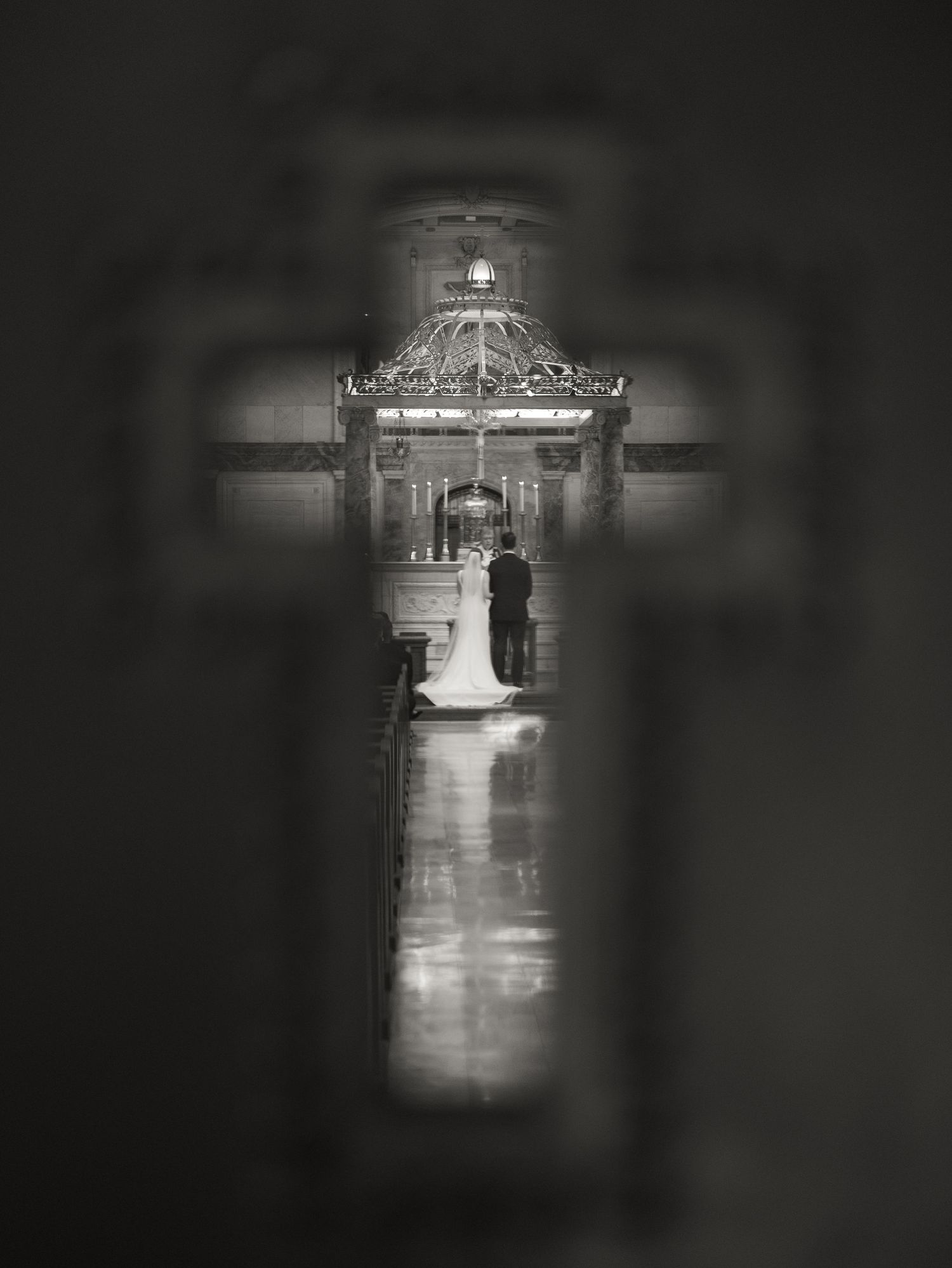 Black and white wedding ceremony photos displayed in an artistic sequence.