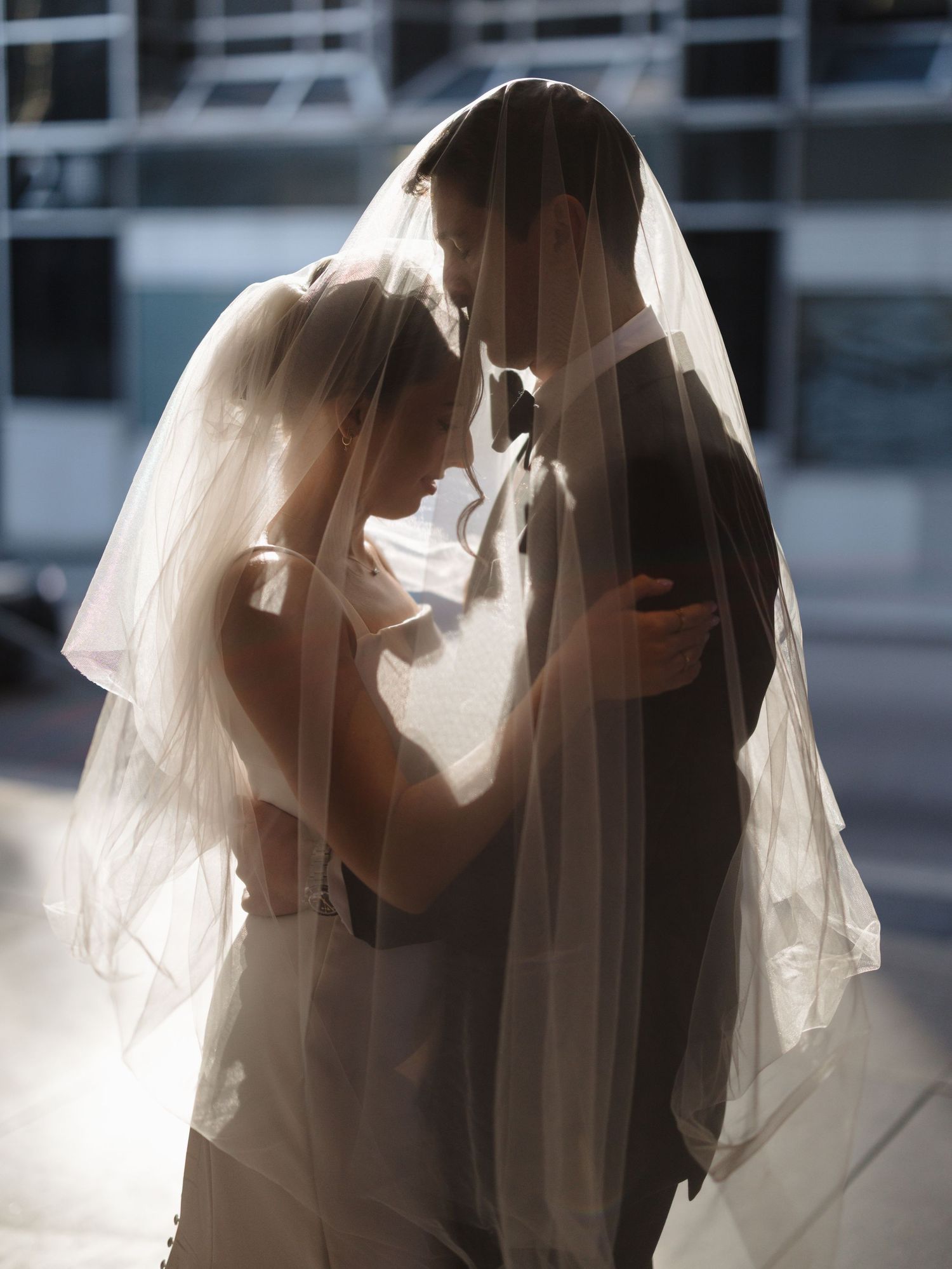 Romantic silhouettes of couple in wedding attire with flowing veil against bright background.