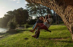 A person swings from a large tree branch overlooking a waterfront at sunset.