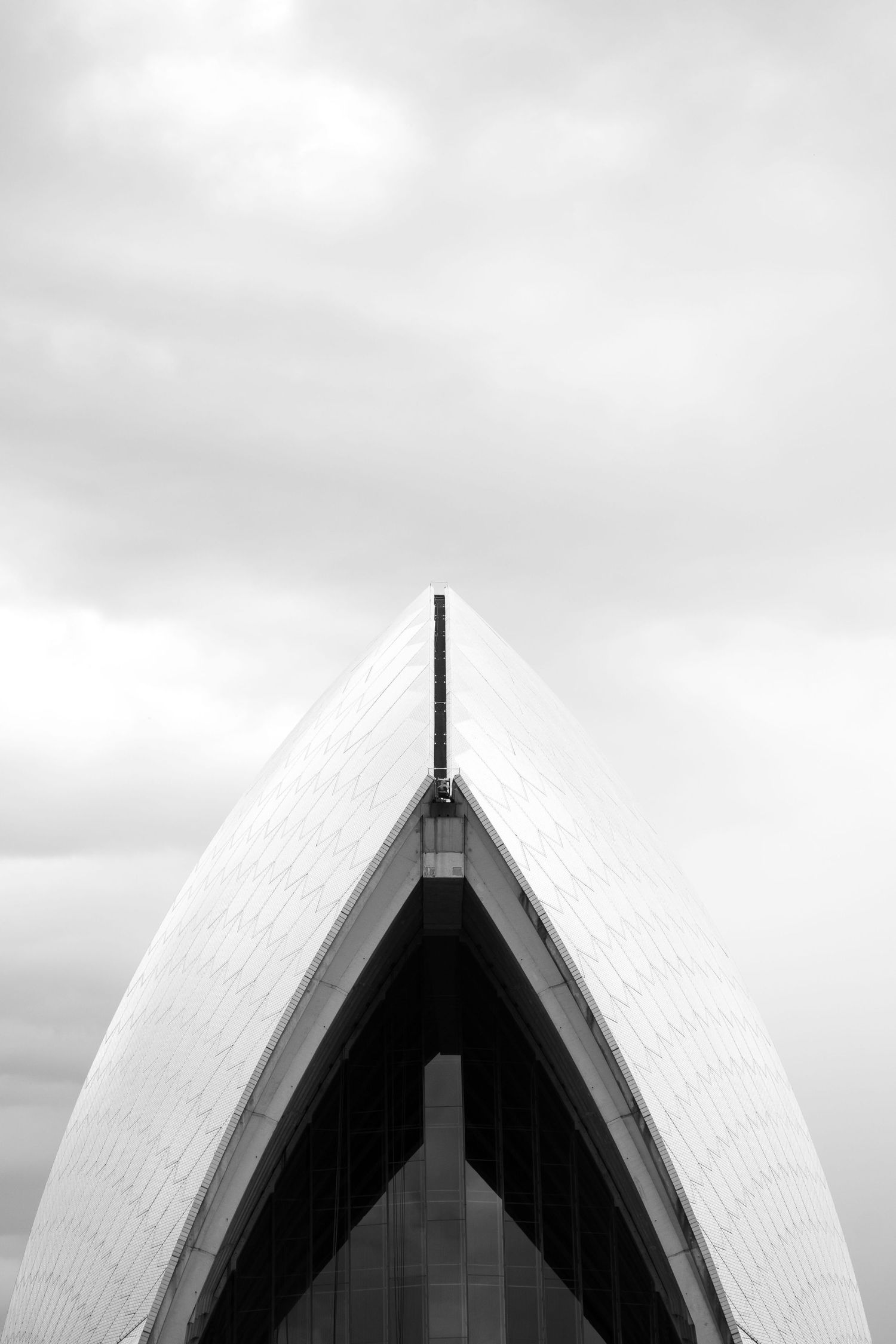 Close-up of Sydney Opera House's distinctive white shell architecture in black and white.