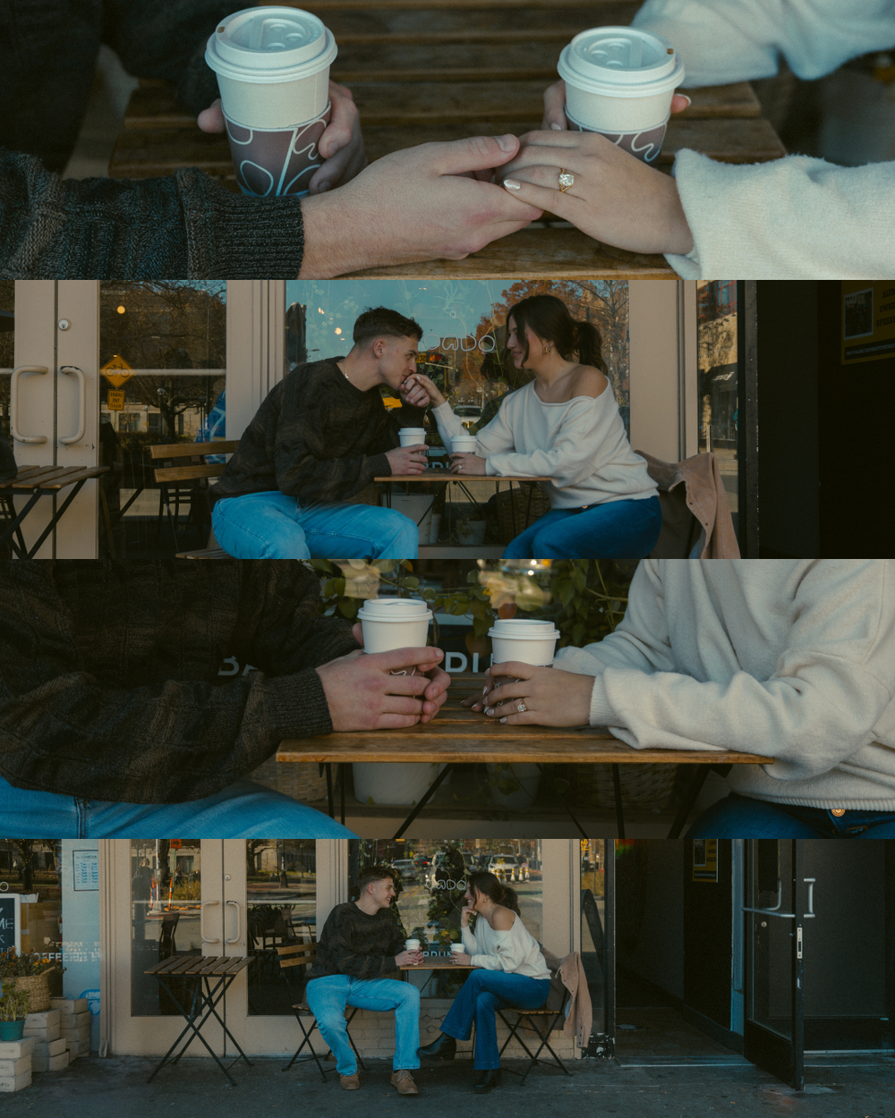 A couple shares coffee and conversation at an outdoor cafe table on a cozy afternoon during their engagement session in Ann Arbor, Michigan.