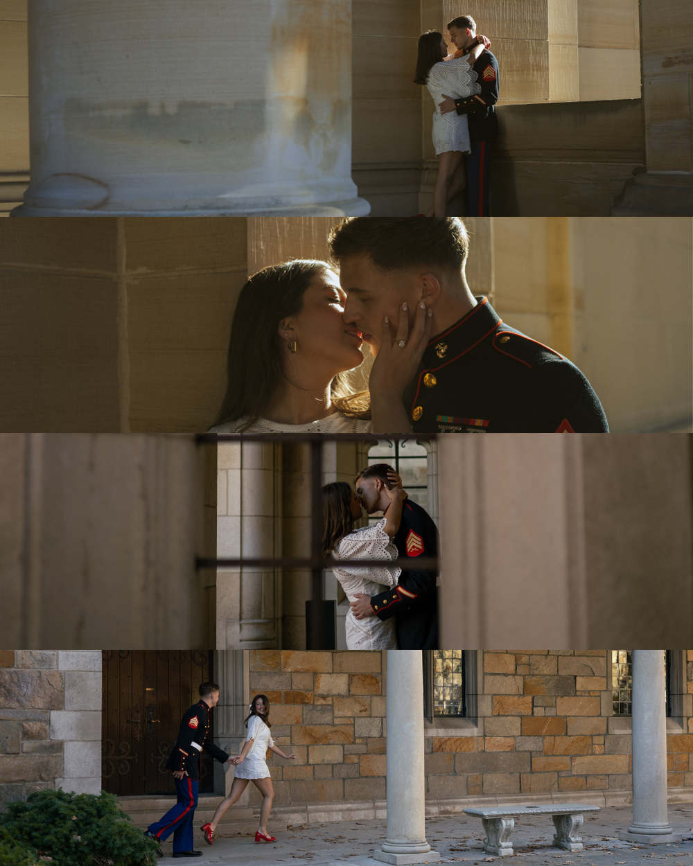 A couple shares an intimate moment as they take engagement photos outside of an art museum in Ann Arbor, Michigan.