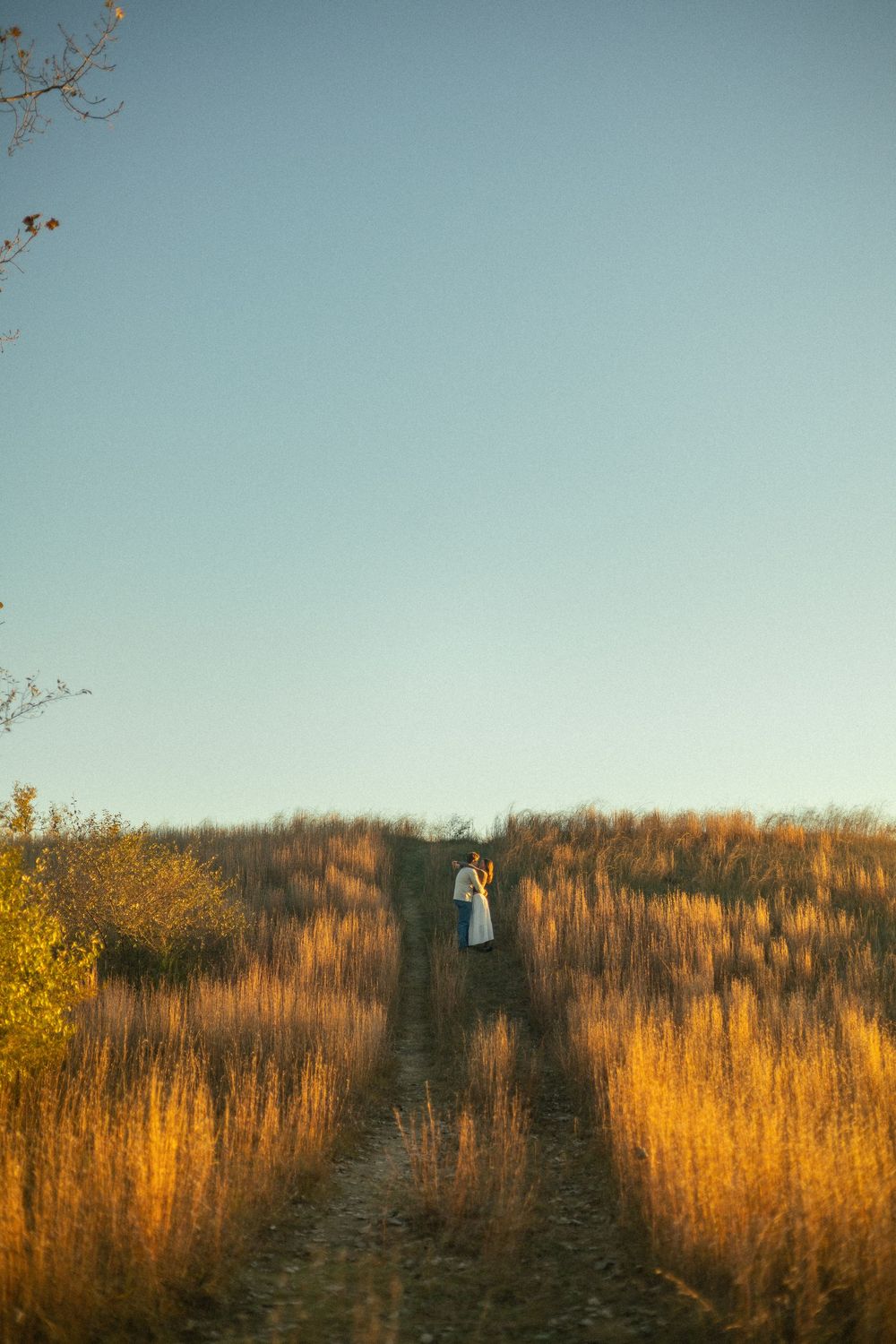 Two people walk along a winding dirt path through tall golden grass at sunset.