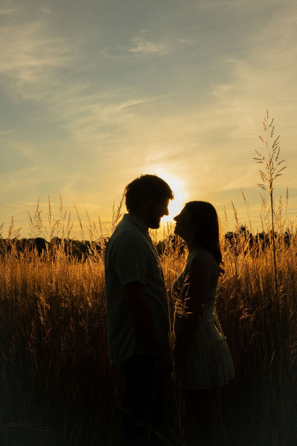 Silhouetted figures stand together in a wheat field at sunset creating a romantic golden hour moment in Flushing, Michigan.