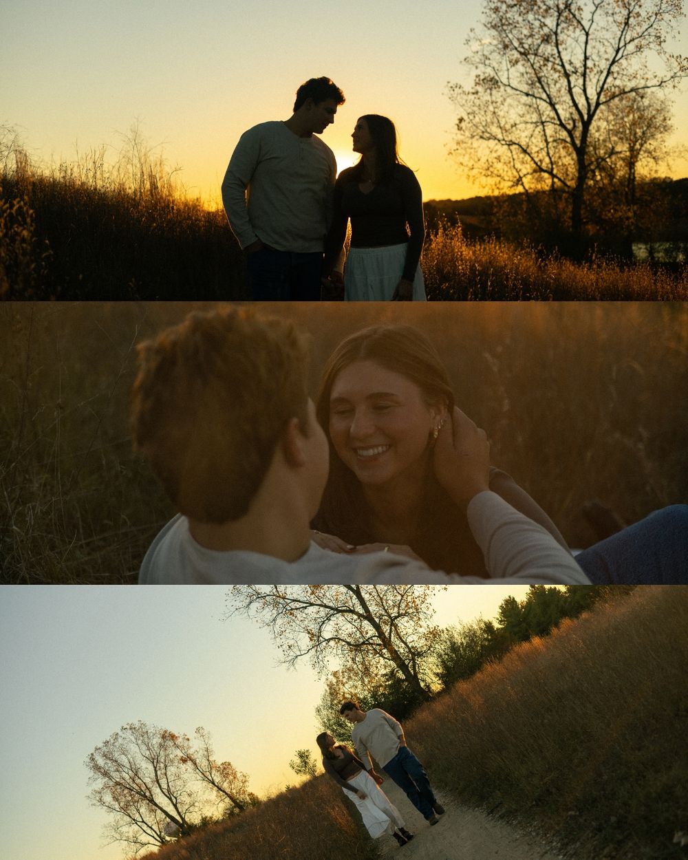 Silhouettes of people walking along a hillside path against a golden sunset sky with bare trees in the background.