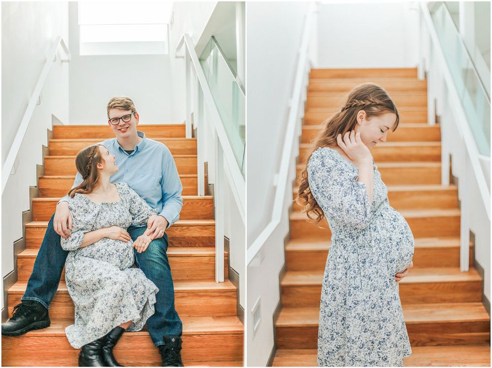 Two tender maternity photos show an expectant couple on wooden stairs with mint green railings in a sunny setting.