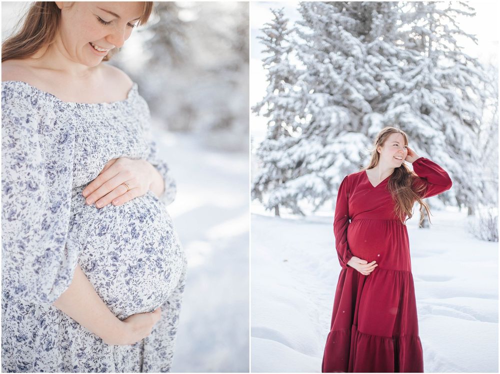 Two side-by-side maternity portraits in winter settings show expecting mothers in flowing dresses against snowy backdrops.