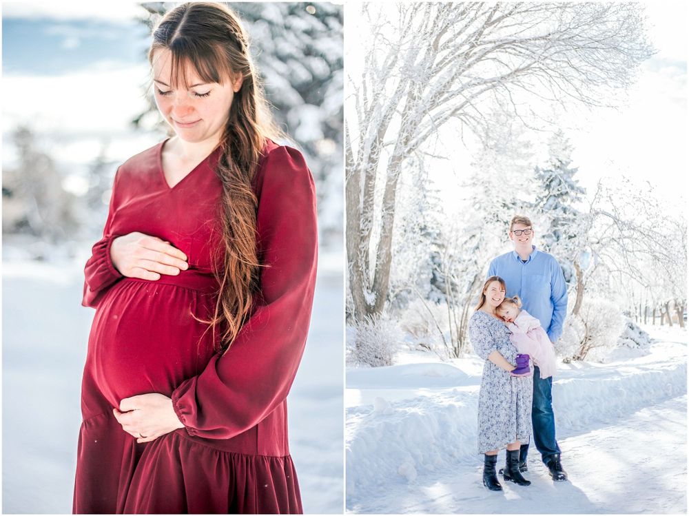 Winter maternity photos show a woman in burgundy dress and family portrait in snowy forest setting.