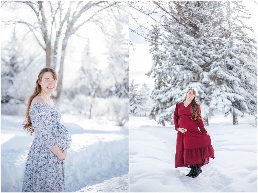 Two winter maternity portraits showing women in floral and red dresses posing in a snowy landscape.