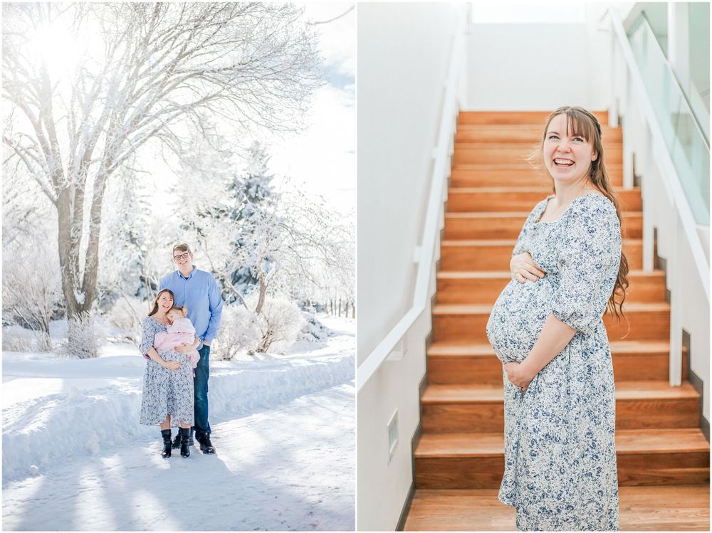 Maternity photos showing a couple and person on stairs wearing blue floral dresses in winter settings.