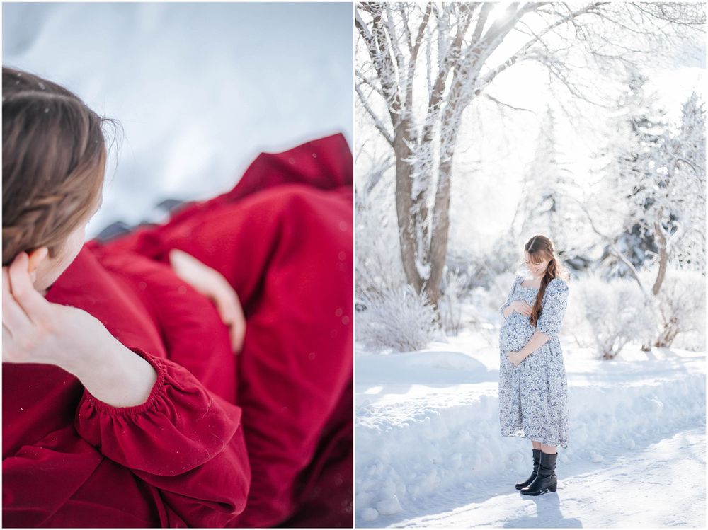 Side-by-side photos showing details of winter maternity portraits in red and blue dresses.